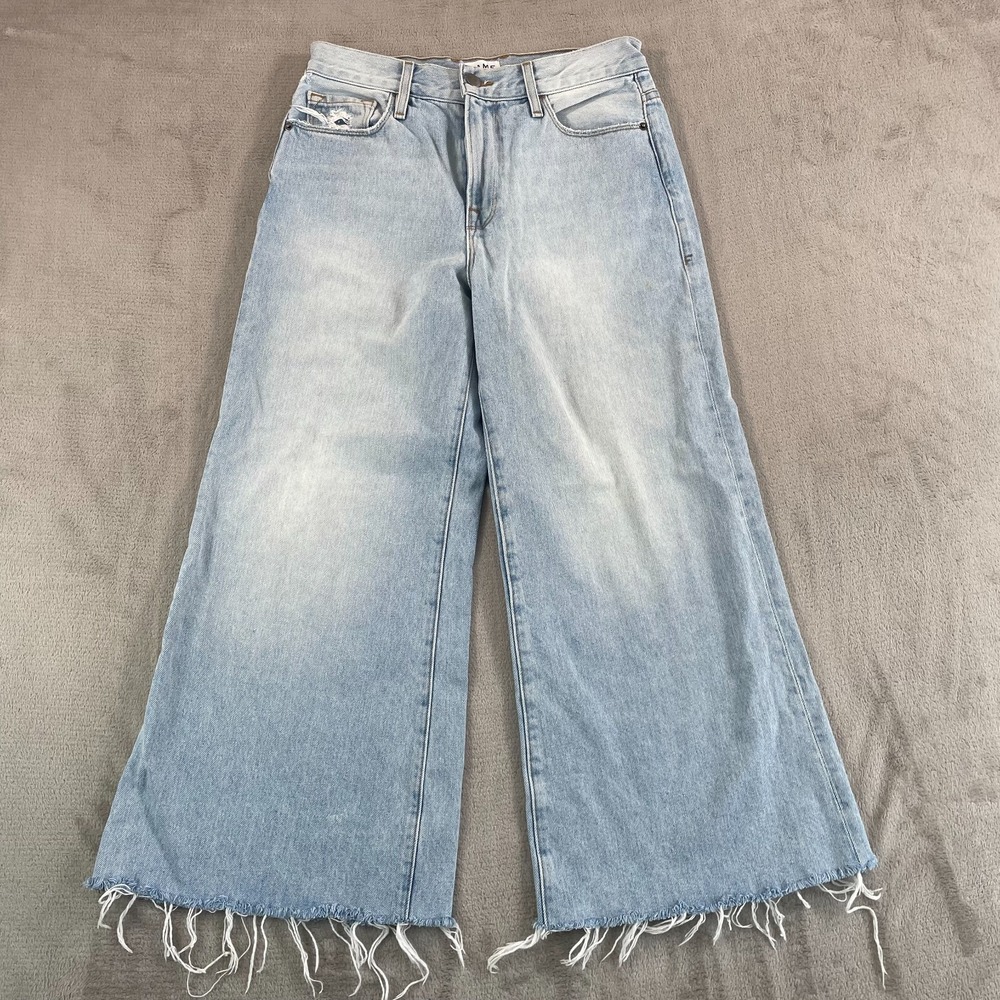 FRAME Le Palazzo Taplow Jeans Women 27 Blue Hi-Rise Wide Leg Frayed Hem USA $245